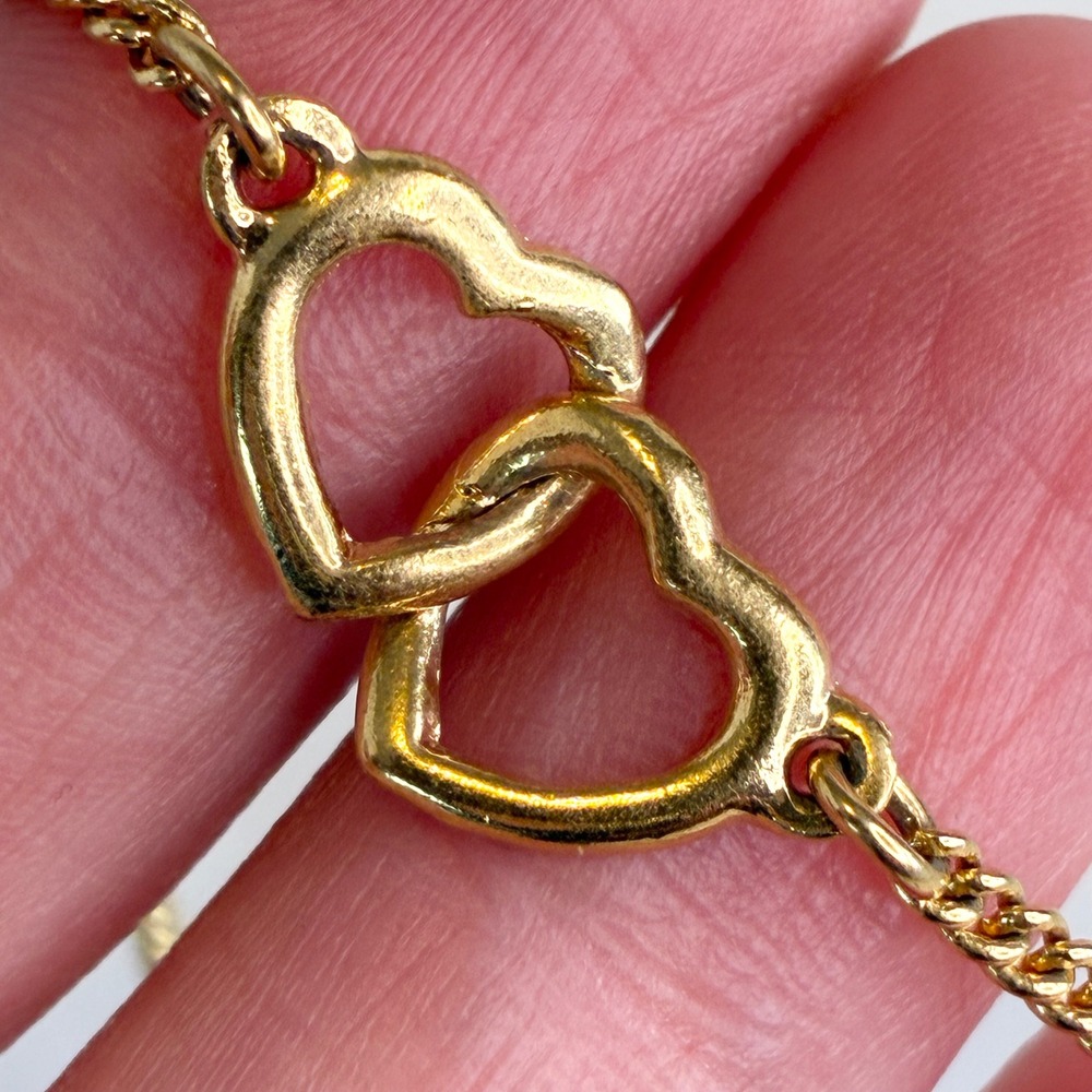 Vintage Anklet Gold Tone Interlocking Double Hearts Curb Chain 9"